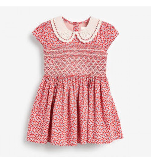 High Quality Kids Girls summer clothing 100%cotton Girls Cherry print smocked dress with perter pan collar 2T-7