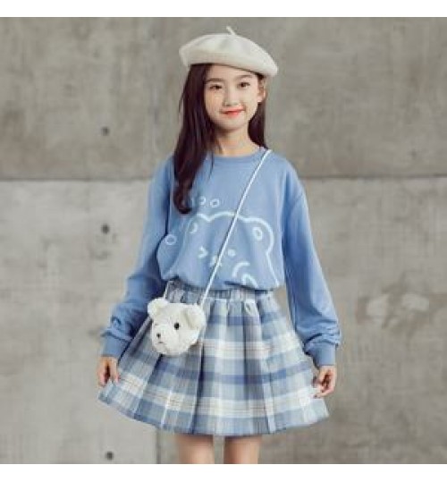Children Clothing Korean Long Sleeve Cute Pullover Top + Pleated Plaid Skirt Set Teenage Girls Clothing 10 12 14 Years Outfits