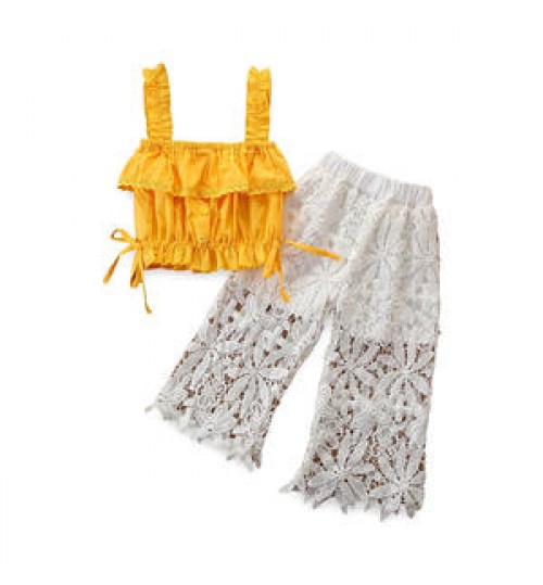 1~6 Years Old Summer Children's Clothing Girls Sweet Suit Yellow Sling T-shirt+Jacquard Lace Pants Two Piece Clothing Set