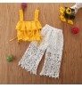 1~6 Years Old Summer Children's Clothing Girls Sweet Suit Yellow Sling T-shirt+Jacquard Lace Pants Two Piece Clothing Set