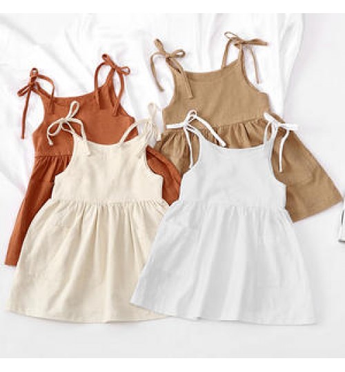 Toddlers Girls' Summer Soft Solid Cotton Hemp Pocket Sling Dress Lace Children's Sling Dress Girl's Clothing