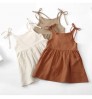 Toddlers Girls' Summer Soft Solid Cotton Hemp Pocket Sling Dress Lace Children's Sling Dress Girl's Clothing