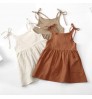 Toddlers Girls' Summer Soft Solid Cotton Hemp Pocket Sling Dress Lace Children's Sling Dress Girl's Clothing