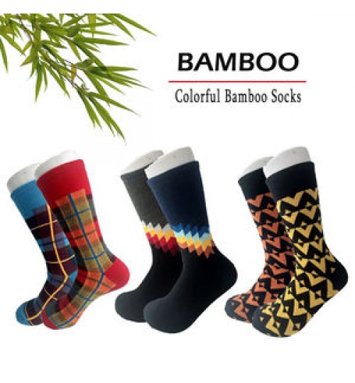 Custom High Quality Very Soft Antibacter Bamboo socks Classic Pattern Long Tube Happy Men Novelty Casual business Crew Men Socks