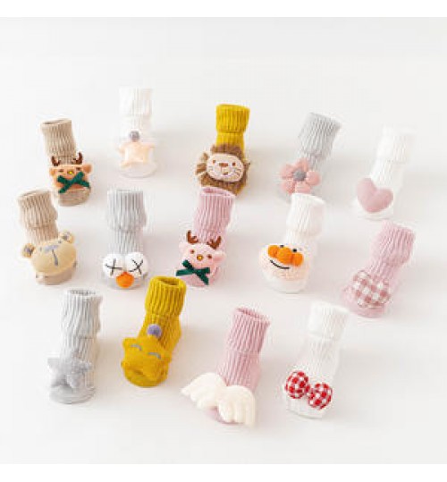 Fancy Non-Slip Toddler Knee High Combed Cotton Crochet Newborn Baby Booties Socks with 3D Cartoon Doll