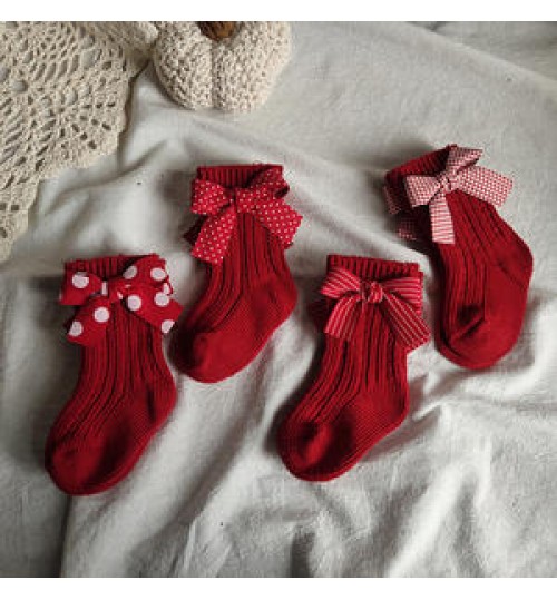 4201-2 Baby Girls Knee High Socks Kids Cotton Red Big Bow Christmas Sock Solid Warm Girl Toddler Soft Socks