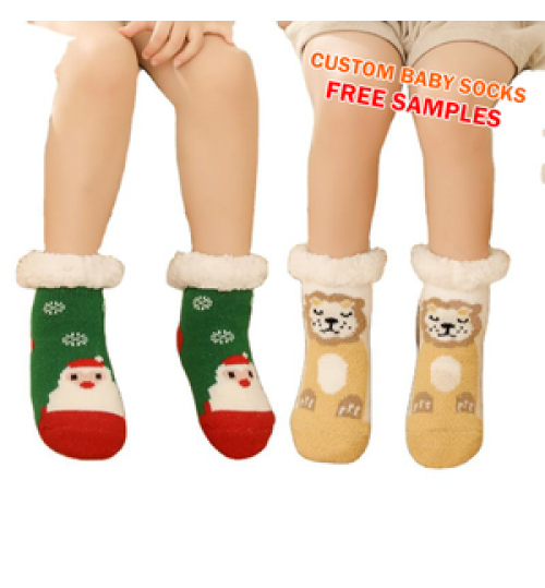 Custom winter warm non-slip Christmas fluffy fuzzy thick kids baby children slipper socks