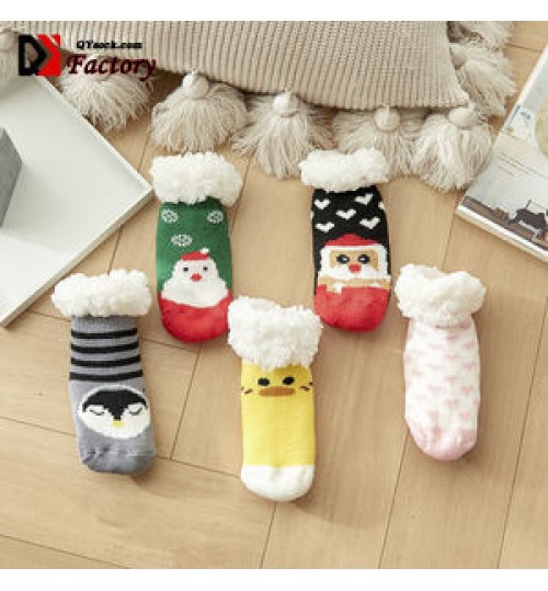 Winter Baby Cute Thicken Warm Kids Socks Newborn Toddlers Girls Boys Anti Slip Floor Socks Coral Fleece Christmas Thermal Socks
