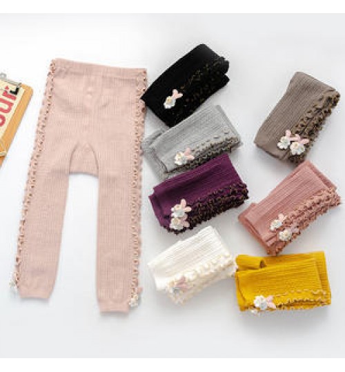 Spring Autumn Double Needles Lace Both Sides Baby Toddler Bottomed Pantyhose Vertical Bar Ear Edge Nine Point Trousers Zhuji W