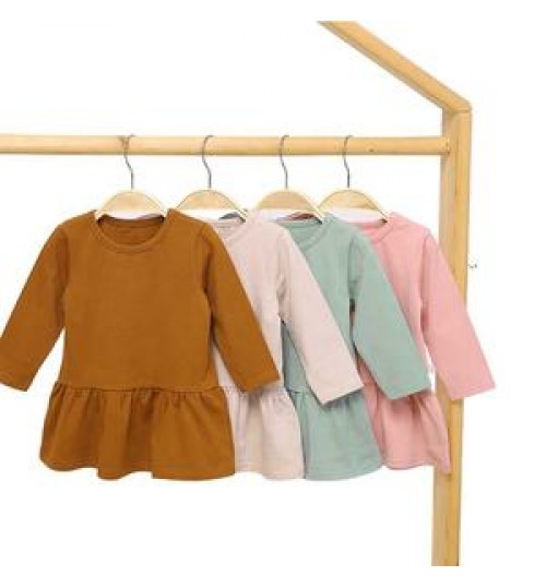 Wholesale Long Sleeve Frill Hem Organic Cotton 1 Year Baby Girl Dresses
