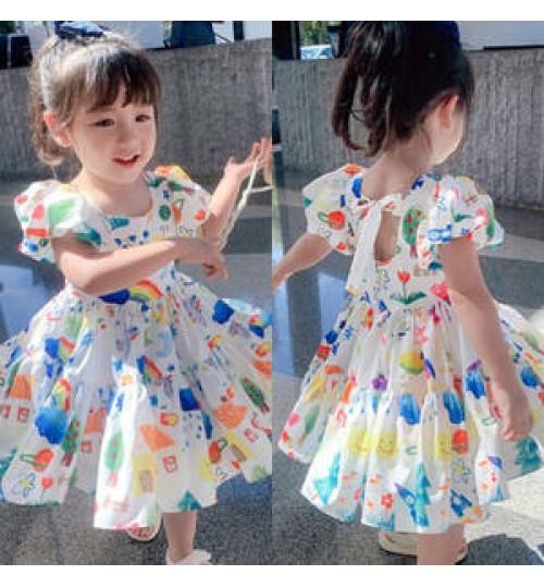 Baby Girls Princess Dresses Toddler Sleeveless Flowers Print Dress Girl Skirt Color Bubble Sleeve Dress Princess Skirt