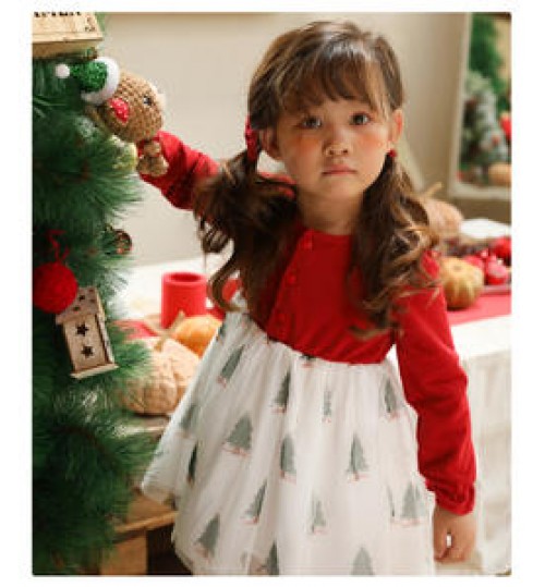 Hot selling holiday girls dresses red and green prints Christmas tree baby clothes