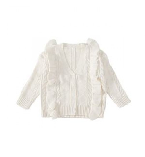 Children Kids Sweater Supplier Autumn Baby Girls Custom Twist V Neck Long Sleeve Button Up Cardigan Cable Knitted Baby Sweater