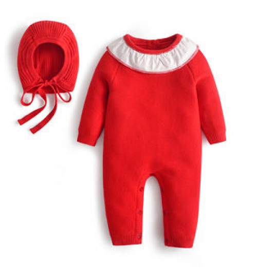 Baby Girl One Piece Sweaters Newborn Red Knitted Rompers with Hats Blanket Infant Knitwear Cotton Knit Jumpsuit In stock
