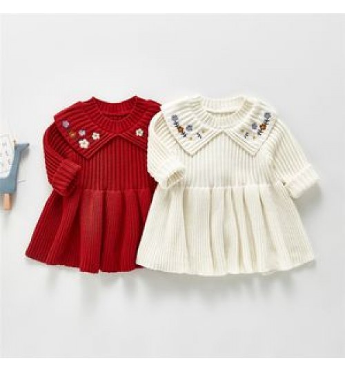 OEM service Baby girl warm dress knitted embroidered princess sweater dress newborn baby clothes embroided sweater