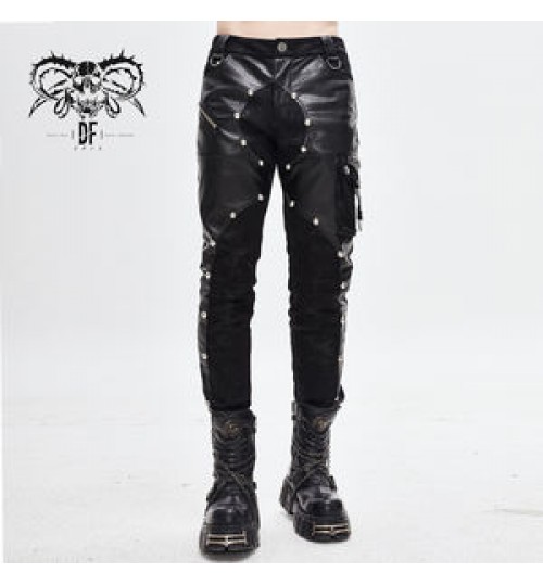 Pants PT115 Devil Fashion Leather Asymmetric Patchwork Rivets Punk Rock Men Trousers Latex Pants With Pocket