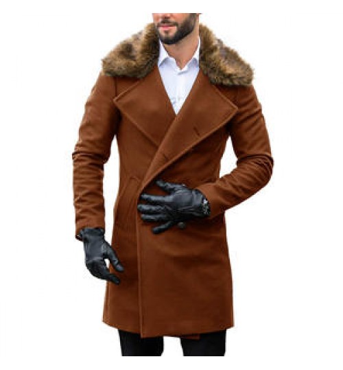 Men's Custom Winter Trench Overcoat Removable Fur Collar Top Coat Double Breasted Business Long Coat