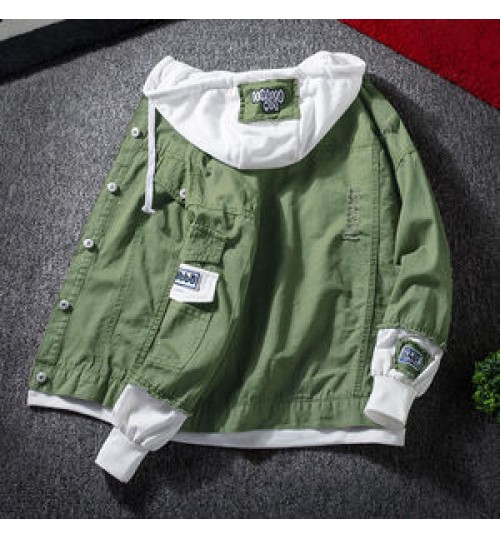 Custom Jacket Men's Self-cultivation Street Windbreaker Lapel Hoodie Autumn Wash Coat Hole Beggar Outfit Hip-hop Bomber Jacket