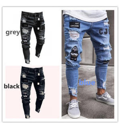 New Italy Style Men's Distressed Destroyed Badge Pants Art Patches Skinny Biker White Jeans Slim Trousers