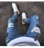 New Italy Style Men's Distressed Destroyed Badge Pants Art Patches Skinny Biker White Jeans Slim Trousers