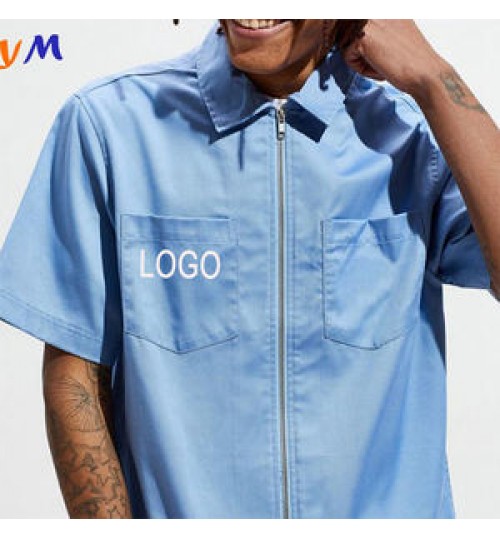 OEM custom high quality short sleeve fashionable short-sleeved pocket casual turn-down collar men's zip up mens work shirts