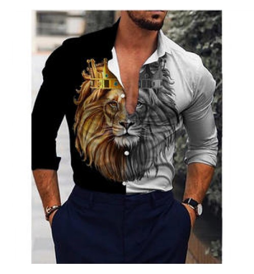 Custom LOGO Lion Printed Men's Shirts 2022 New Fashion Long Sleeve Shirt Plus Size Single Button Turn Down Spring Men Clothing