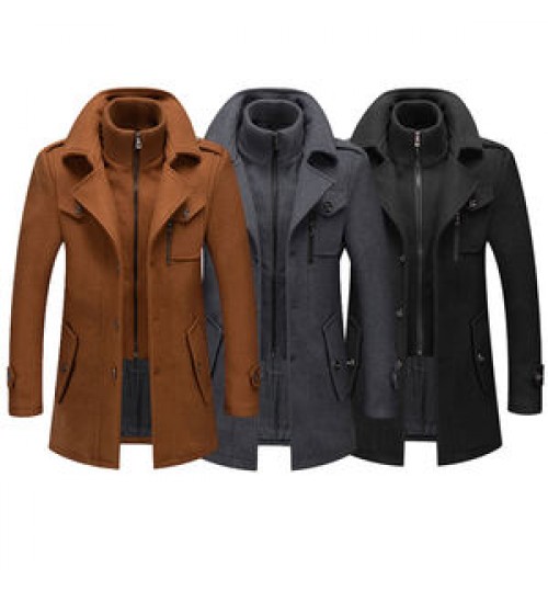 Autumn and Winter New Men's Double Collar Woolen Warm Plus Size Long Coat Windproof Jacket for Men