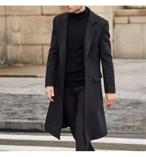 Autumn and Winter Casual Solid Color Men's Jacket Woolen Coat Thicken Warm Long Trench Coat With pocket trim
