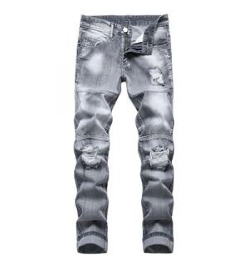 new men fashion jeans slim fit light gray distressed ripped jeans men's jeans