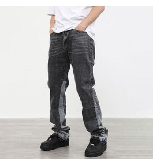 DiZNEW Custom Summer New Design Men Flared Jeans Patchwork Loose Hip Hop Denim Pants Washed Jeans