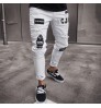New Italy Style Men's Distressed Destroyed Badge Pants Art Patches Skinny Biker White Jeans Slim Trousers men denim jeans