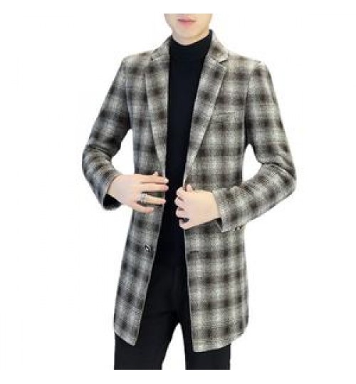 Men's Mid-Length Plaid Windbreaker Jacket Men Long Trench Coats Classic Casual Tweed Long Jackets Woolen Coats Business Overcoat
