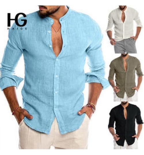 2022 Amazon Hot Style Autumn Casual Shirts For Men V-neck Men Long Sleeve Shirt Linen Cardigan Stand-collar Button Up Shirts Men