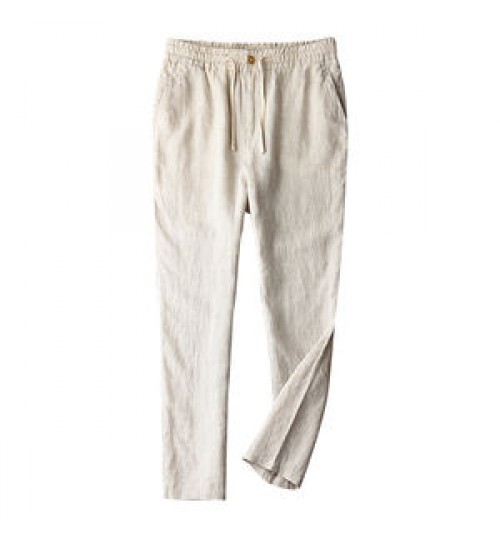 Shinesia men's linen pants men cotton breathable summer straight tube solid color elastic waist leisure custom Linen Pants