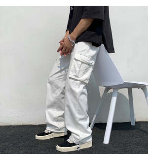 Black/white Casual Pants Men's Fashion Loose Straight Wide Leg Pants Men Streetwear Hip-hop Pocket Cargo Pants Mens Trousers
