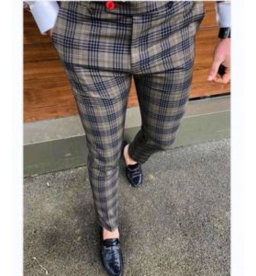 New men fall clothing 2021 fashion casual men's trousers plaid cropped trouser pencil pants