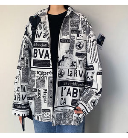Spring Summer Fashion Man Long Sleeve Print Newspaper Shirt Men's Shirts Top Boys Loose Casual Shirt Men Plus Size 3XL