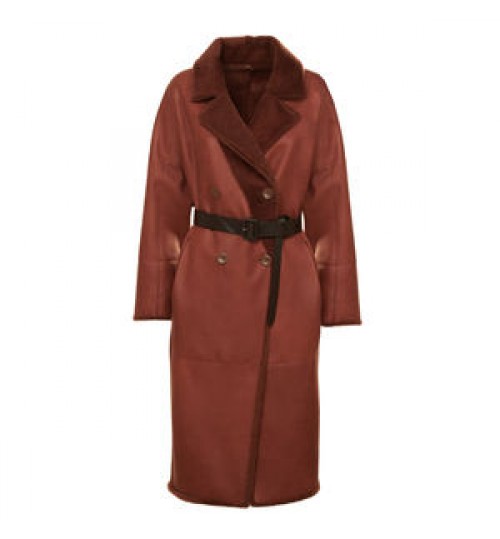 Highest quality handcrafted in Italy real fur reversible double-breasted shearling coat with leather belt for women