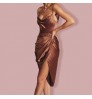 Women Dresses Lancai High Quality Spaghetti Slim Satin Halter Party Club Cocktail Summer Pleated Lady Elegant Sexy Women Dresses Maxi