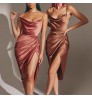 Women Dresses Lancai High Quality Spaghetti Slim Satin Halter Party Club Cocktail Summer Pleated Lady Elegant Sexy Women Dresses Maxi