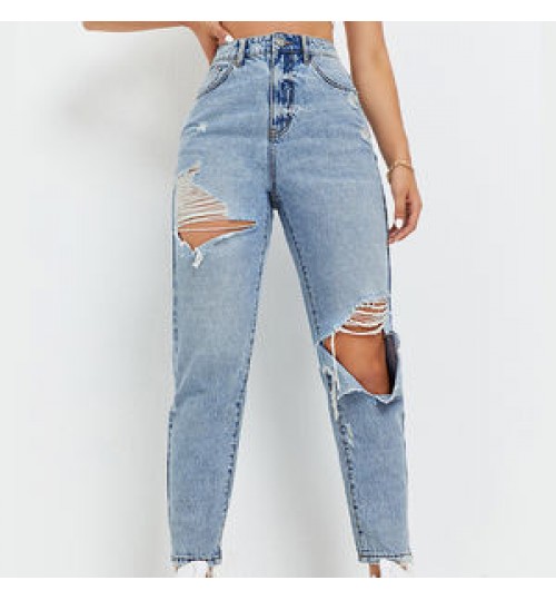 New Fashion Women Demin Distressed Jeans Flare Ripped Blue Straight Leg High Rise Ripped Mom Jeans High Waist Women Jeans 2022