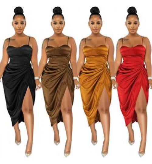 2022 Hot Style Lady Sexy Sleeveless Spaghetti Strap Dresses Women Elegant High Split Bodycon Evening Party Night Club Dress