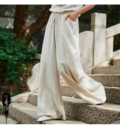 Women Pants Pants Wide New Design Custom Logo High Quality Clothing Cotton Linen High Waist Solid Color Beige Trousers Women Wide Leg Pants