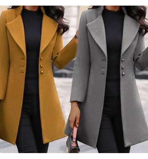 European and American mid-length Korean version wool lapel is thin and solid color slim women's woolen coat
