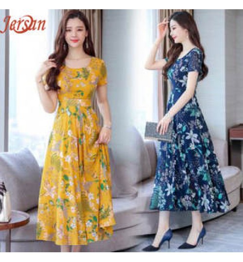 Custom Summer Dress Women's Short-sleeved Temperament Floral Round Neck Mid-length Floral Print Dress for Women Casual Dresses Loose