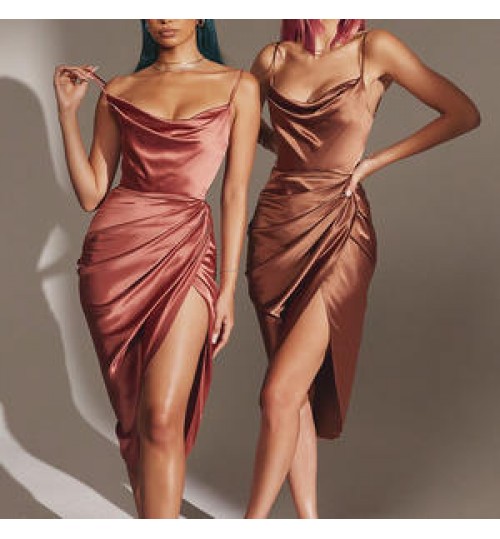 summer fashion ladies sexy split satin sundress 2022 slim temperament suspender skirt party club evening womens casual dresses