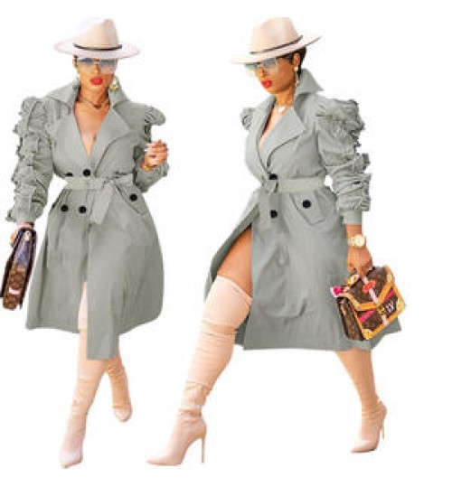 Fashion Spring Fall Stacked Sleeve Midi Women'S Trench Coats Long For Ladies Women