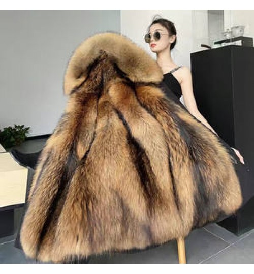 Fashion Winter Warm Women's Mid-length Faux Fur Lining Coat Detachable Hood Fur Coat