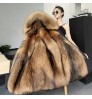 Fashion Winter Warm Women's Mid-length Faux Fur Lining Coat Detachable Hood Fur Coat