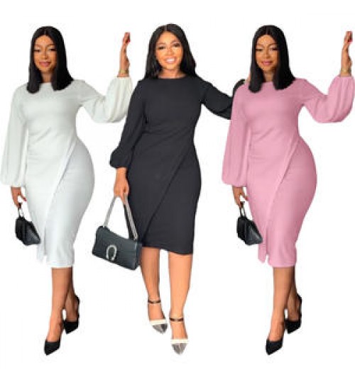 10%OFF S-XXL Women's Autumn and Winter Lantern Long Sleeve Fashion Dress Round Neck Solid Color Dress Irregular dress